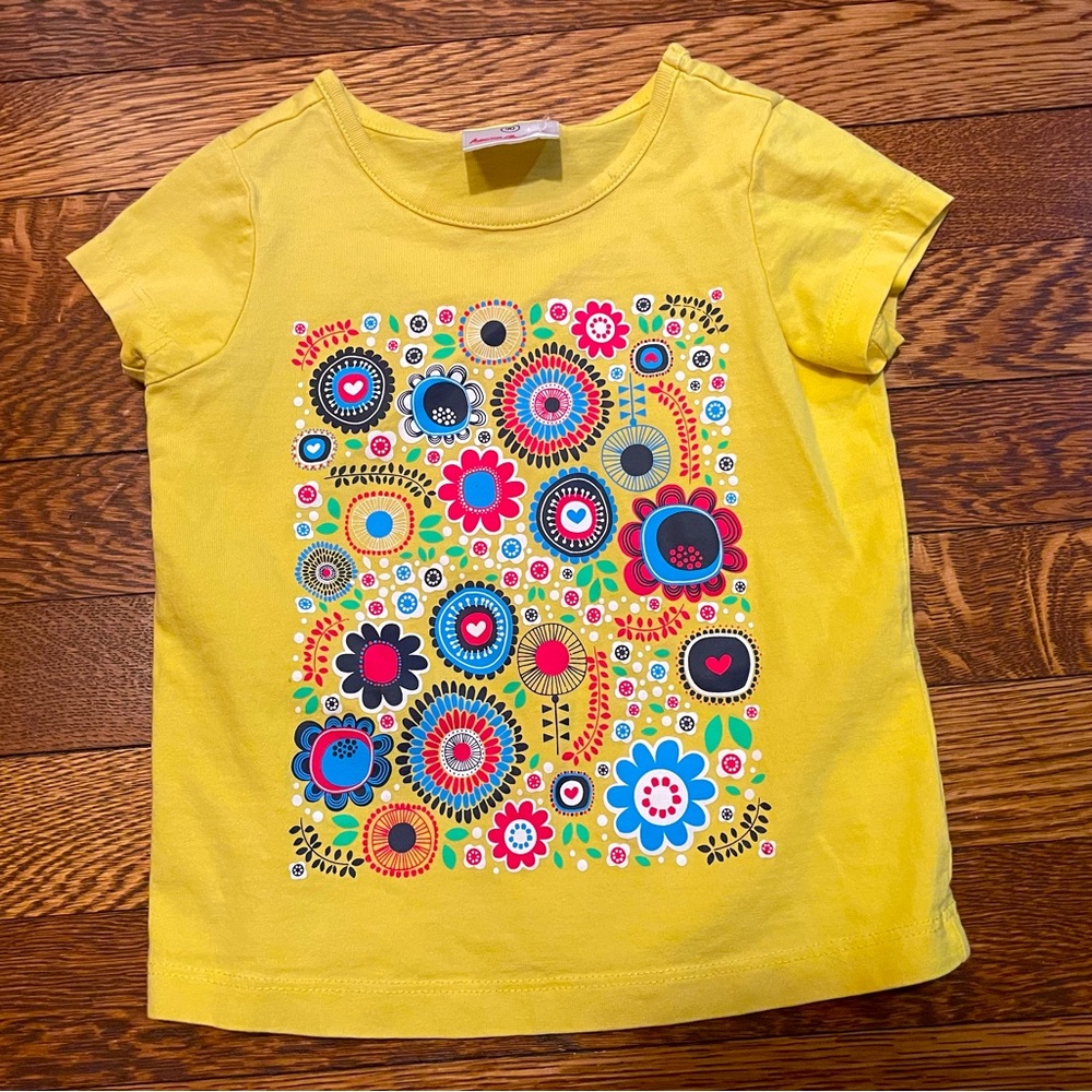 Hanna Andersson Yellow Short Sleeve Cotton Floral Graphic Tee Shirt Sz 90 cm 3T